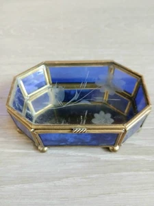 Vintage Stained Cobalt Box Glass Brass Trinket Jewelry 5 X 3 X 1.5" - Picture 1 of 6