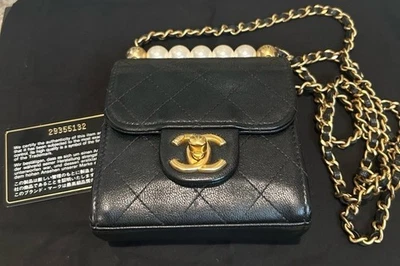 Chanel Mini Goatskin Chic Pearls Clutch On Chain Ghw Cc Gold Black Crossbody Box - Image 1 of 4