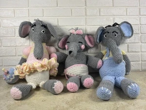 Handmade Crocheted Elephant Plush Family Mom Dad & Baby with Birthday Cake - Picture 1 of 14
