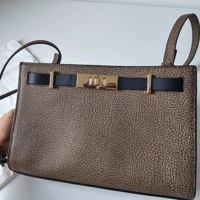 Borbonese Crossbody Bag OP Naturale Nero Brown Black Gold Buckle Luxury Italy - Image 1 of 4