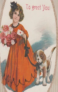 Girl with Roses Dog Puppy Greetings Postcard - Picture 1 of 3