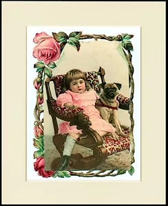 PUG DOG AND GIRL SIT IN CHAIR LITTLE DOG PRINT MOUNTED READY TO FRAME - Picture 1 of 1