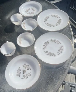 Vtg Federal Glass Meadow Gold Dinnerware 8P Place Setting 22K Gold Trim 2 People - Picture 1 of 8