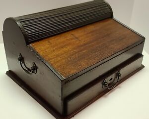 Antique 1800s Victorian Mahogany Roll-Top Lap Desk Writing Slope Desk w/Inkwells