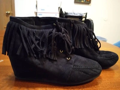 Maurices Black Faux Suede Wedge Fringed Lace Up Ankle Boots Size 8 - Image 1 of 4