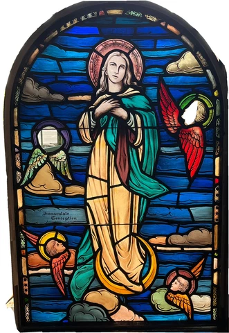 ANTIQUE STAINED GLASS WINDOW, CHERUBS, "IMMACULATE CONCEPTION" 1930s PHILA PA Cover