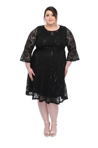 SleekTrends Womens Plus Size Sequin Lace Bell Sleeve Fit and flare Party Dress - Picture 1 of 24