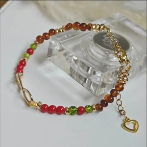 Rote Koralle + Peridot +Bernstein und Hämatit Perlenarmband Karabiner Verschluss - Bild 1 von 5