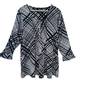 Cocomo Womans Top 2X Black White Pop Over Stretch Knit Ruffle Pin Tuck Office - Picture 1 of 8