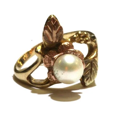 10k multi tone gold womens 6mm rose leaf pearl ring 3.5g vintage estate ladies 6 - Image 1 of 4