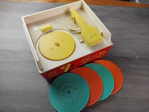 Vintage 70er Jahre Fisher-Price Spieluhr Plattenspieler mit 4 Discs funktionieren super - Bild 1 von 6