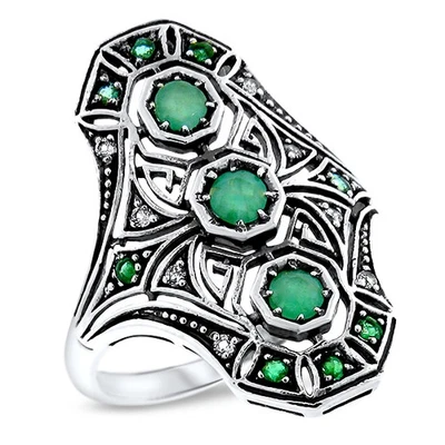 GENUINE EMERALD & WHITE TOPAZ 925 STERLING SILVER ART DECO STYLE RING      1078X - Image 1 of 4