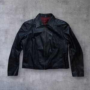 Black Leather Zip Up Jacket UK 14 90s Style Minimalist Marks & Spencer Biker - Picture 1 of 6