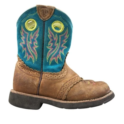 Ariat 女孩 12 码 Fatbaby 棕色蓝色绿色皮革拉西靴 FAIR — 第 1/4 张图片