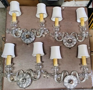 4 Antique 2 Light Cut Crystal Silver Mount 14" Maria Theresa Prism Wall Sconces - Picture 1 of 24