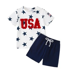 Little Boy 4th of July Outfit USA American Flag T-shirt+Casual Shorts Indepen... - Picture 1 of 7