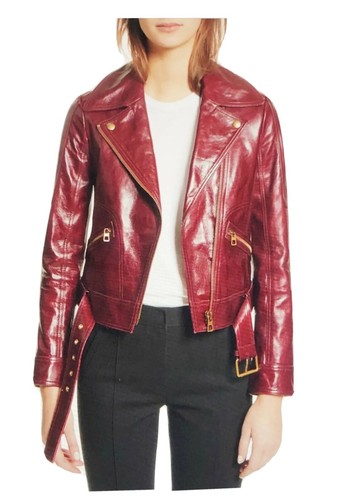 $998 TORY BURCH 'BIANCA' GIACCA MOTO PELLE CORDOVAN ROSSA TAGLIA: 6