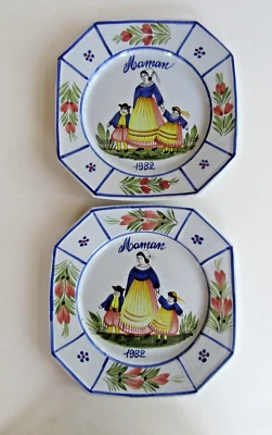 2  Quimper Mistral Blue 9 1/8"  Luncheon Plates Octagonal ~ Very Good - Image 1 of 4