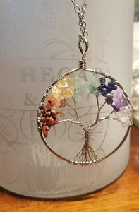 7 Chakra Kristall Lebensbaum Halskette - Silber Kreis, Symbol des ewigen Lebens - Bild 1 von 4