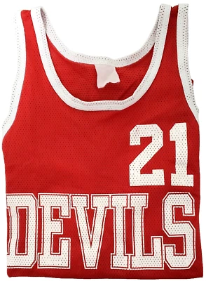 Vintage 1980's Mesh Basketball Jersey - DEVILS #21 - LN+ Condition - Red + White - Image 1 of 4