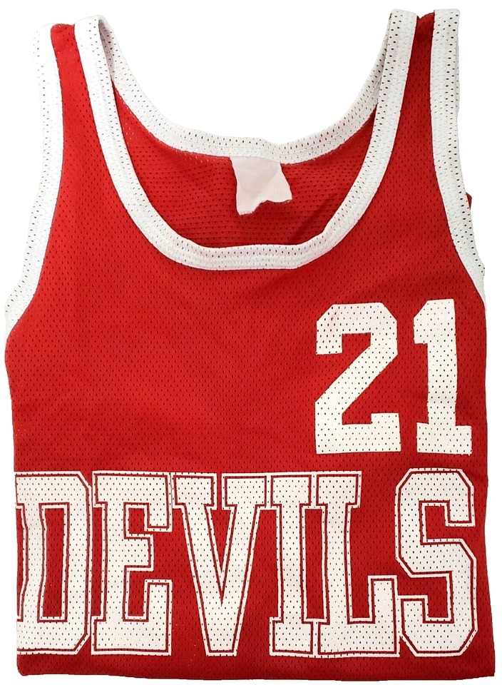 Vintage 1980's Mesh Basketball Jersey - DEVILS #21 - LN+ Condition - Red + White - Image 1 of 4