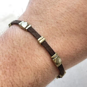 Lucky Brand Matte Gold Tone Bead Brown Leather Suede Cord Adjustable Bracelet - Picture 1 of 4
