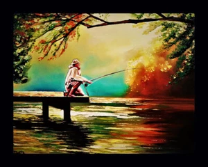 FLY FISHING IN THE RIVER TEXTURE OIL PAINTING ART BY IVETA - Picture 1 of 9