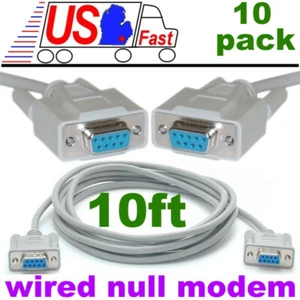 Lot10pk 10ft long DB9pin Female~F Null Modem Cross/Nul wired,Serial RS232 Cable - Picture 1 of 1