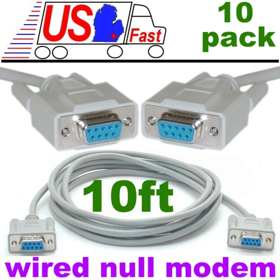 Lot10pk 10ft long DB9pin Female~F Null Modem Cross/Nul wired,Serial RS232 Cable - Image 1 of 1