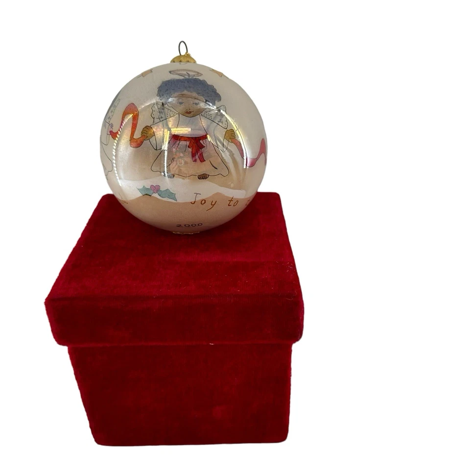 JC Penney 3,75” enfeite de Natal de vidro pintado reverso com caixa certificado de autenticidade Angel Joy a - Imagem 1 de 4