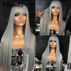 Grey Bone Straight Lace Front Human Hair Wigs With Bangs Transparent Wigs Women