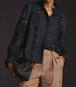 NUEVA Blusa Campesina Anthropologie Bordada Corte Victoriana Negra XS NUEVA CON ETIQUETAS - Imagen 1 de 11