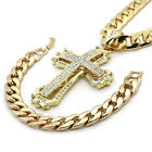 Gold Plated Hollow Cross Iced Cubic-Zirconia 30" Heavy Cuban Chain & Bracelet