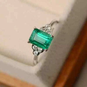 2,10 ct Smaragdschliff natürlicher Smaragd & Diamant Ehering 14 K Weißgold massiv - Bild 1 von 5