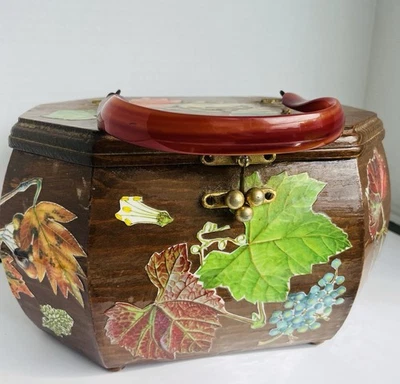 VTG 1970’s HANDMADE Decoupaged WOOD PURSE With Tortoiseshell Handle Brass Latch - Image 1 of 4