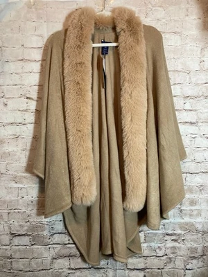 Adrienne Vittadini Cape Sweater Womens One Size Camel Faux Fur Trim Open Front - Image 1 of 4