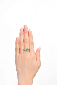 RYLOS 14K YELLOW GOLD TURQUOISE & DIAMOND GEMSTONE CAT RING SIZE 5-13 - Picture 1 of 5