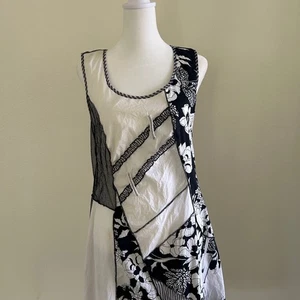 TRICOTTO Women’s Black White Flora Embellished Tank Dress Patchwork Lagenlook S - Picture 1 of 9