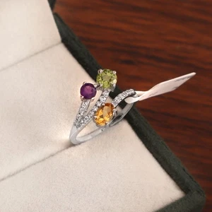 Cluster Multi Gemstone Sterling Silver Ring Amethyst Citrine Peridot Blue Topaz - Picture 1 of 10