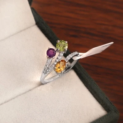 Cluster Multi Gemstone Sterling Silver Ring Amethyst Citrine Peridot Blue Topaz - Image 1 of 4