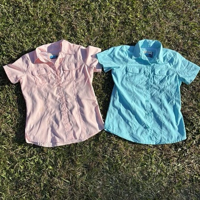 2 Magellan Womens Fish Gear Shirt Sz L Classic Fit Pink Blu Vented Moisture Wick - Image 1 of 4