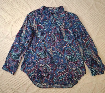Blusa Talbots Feminina Grande Pequena Lp Botão para Cima Azul Roxa Paisley Manga Roxa - Imagem 1 de 4