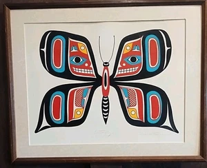 Signed Vintage Framed Print Haida Black Red Butterfly Art Colorful 21 x 17 - Picture 1 of 10