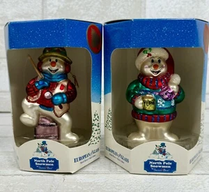 2 North Pole Snowmen Blown Glass Christmas Ornaments Fisherman & Hot Cocoa - Picture 1 of 13