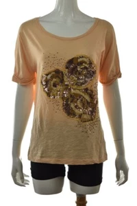J Crew Womens Top Size M Orange Gold Sequined Knit Shirt Short Sleeve Cotton - Picture 1 of 4