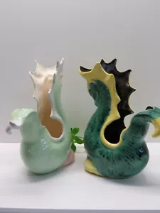 MCM vintage RARA 2 CERAMICHE VERDE CAVALLO MARINO MOSTRO FIORIERA BUCHNESS - Foto 1 di 4