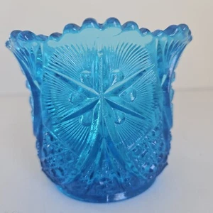 Vintage Kemple Yutec Blue STAR & FAN Open Sugar Bowl/Candle Holder Saw Tooth RiM - Picture 1 of 12