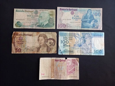 PORTUGAL 20 + 50 + 2x 100 + 500 ESCUDOS Banknotes - USED / Damaged - Image 1 of 2