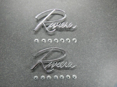 66 67 Buick Riviera Front Fender Scripts Emblem Pair w/ nuts late 1966 1967 NEW - Image 1 of 4