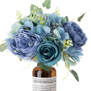 Blue Artificial Peonies Fake Peony Flowers Silk Roses Faux Floral Centerpiece... - Picture 1 of 7
